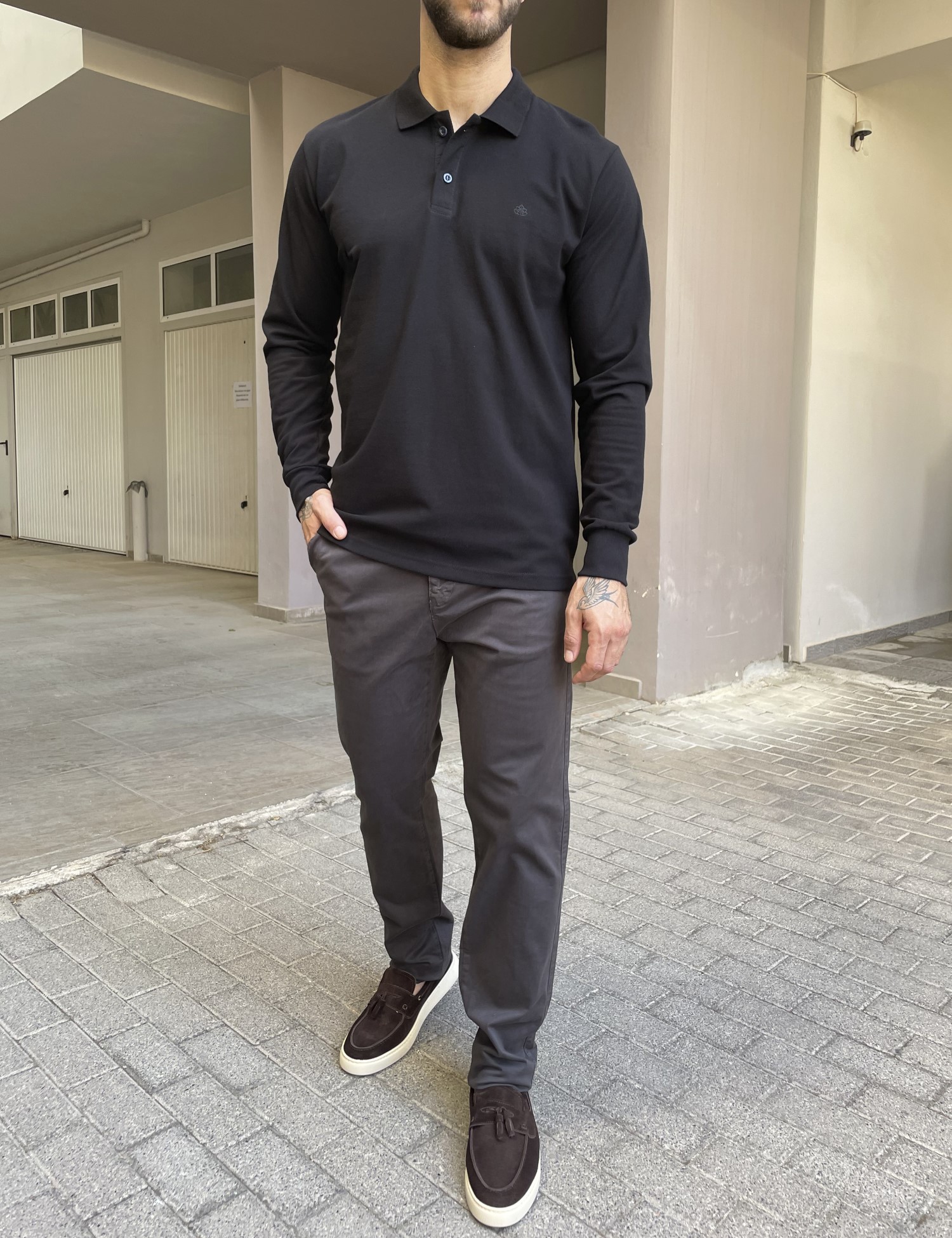 Everbest Ανδρική μαύρη πικέ Polo μακρυμάνικη μπλούζα Plus size 2610200M φωτογραφία